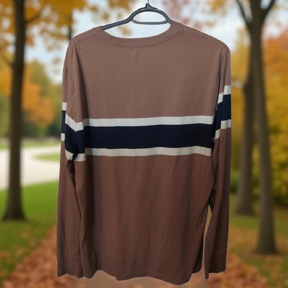 Old Navy Men's Brown Long Sleeve Shirt with Navy and White Stripes
